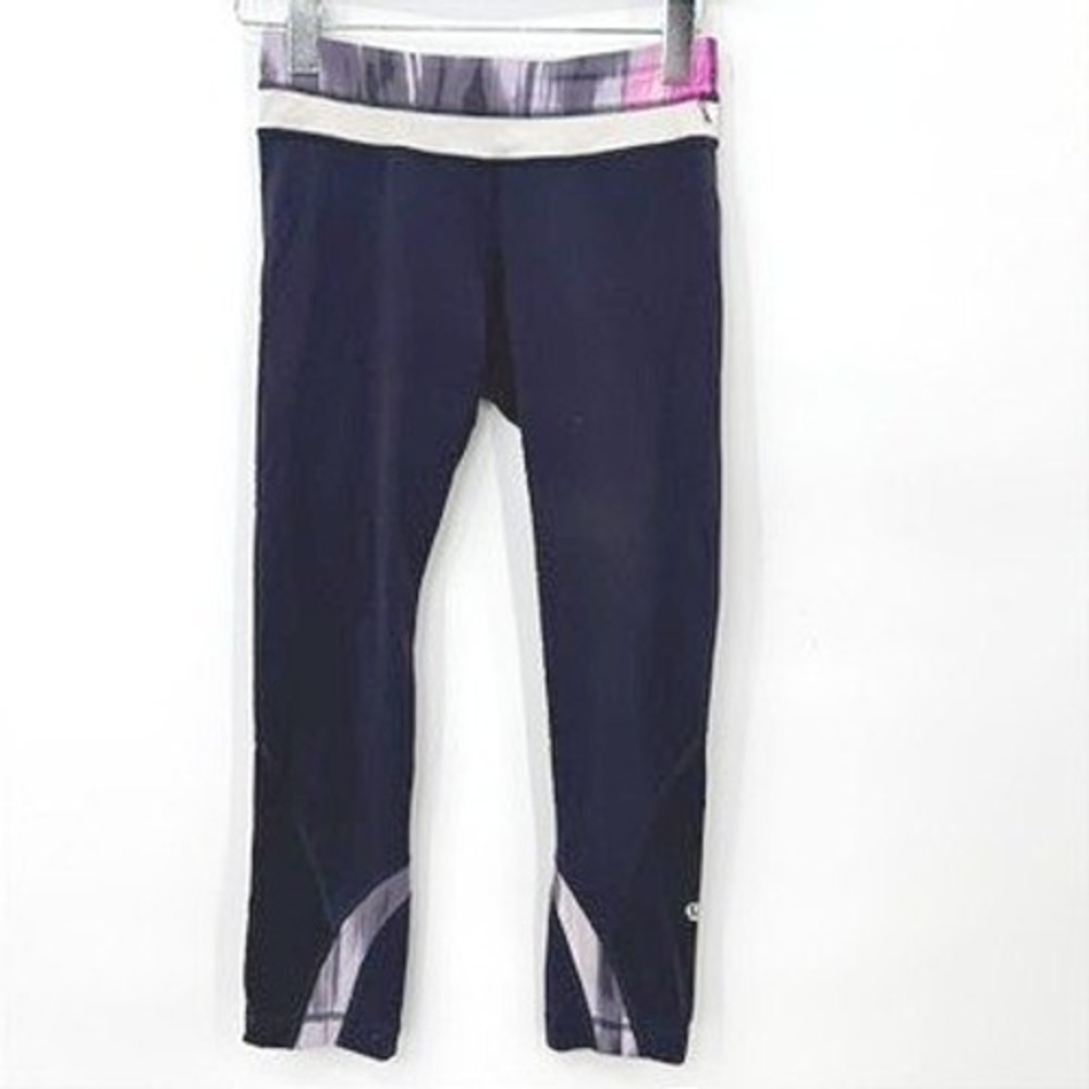 Lululemon Run Inspire Crop Leggings Women 4 Athletic Yoga Pants Navy Pink Nylon